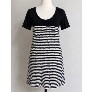 Tiana B Womens Black White Striped Tiered Ruffle Short Sleeve Scoop Neck Dress S